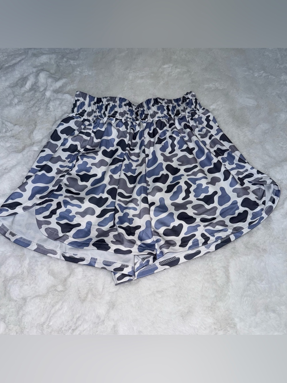 blue camo print shorts